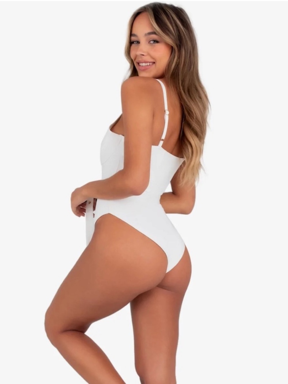 Kittenish Pool Girl Belted One Piece White Gold Toned Hardware Size Small NWT - Picture 3 of 12